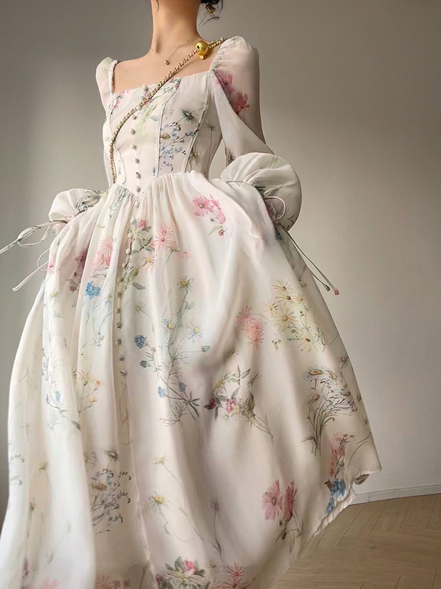 Women's Floral Chiffon Puff Sleeve Square Neck Fall Midi Dress