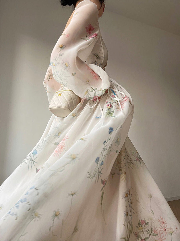 Women's Floral Chiffon Puff Sleeve Square Neck Fall Midi Dress