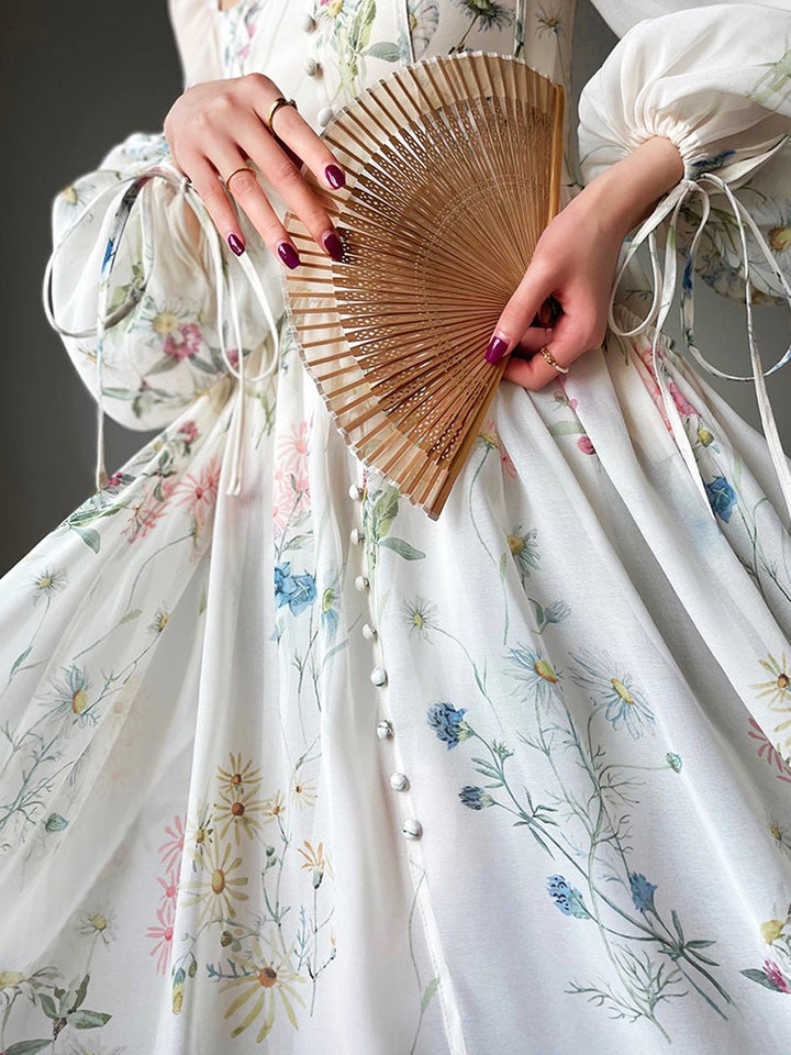 Women's Floral Chiffon Puff Sleeve Square Neck Fall Midi Dress