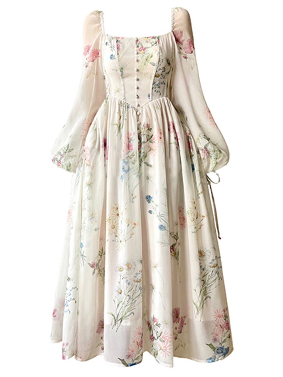 Women's Floral Chiffon Puff Sleeve Square Neck Fall Midi Dress