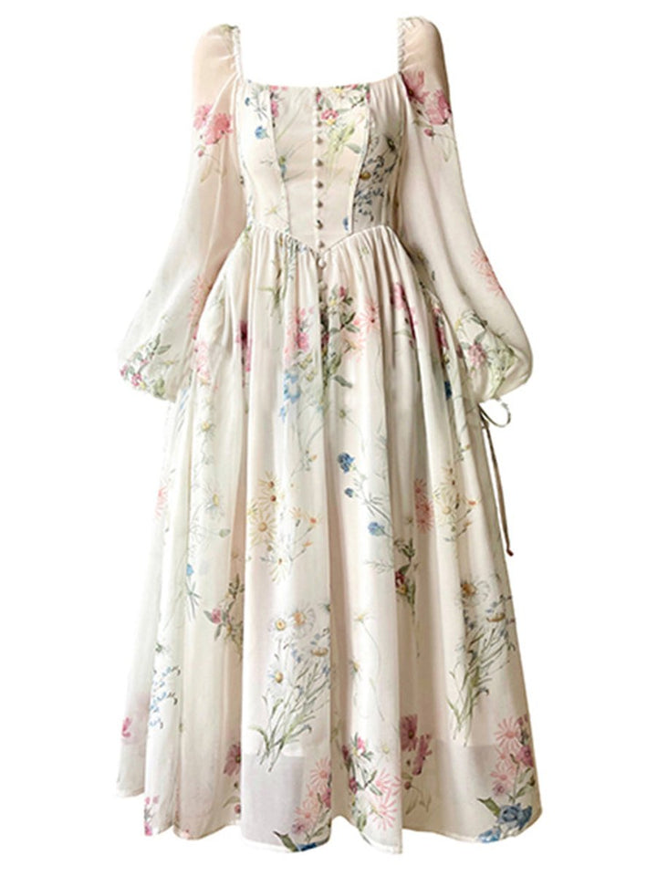Women's Floral Chiffon Puff Sleeve Square Neck Fall Midi Dress
