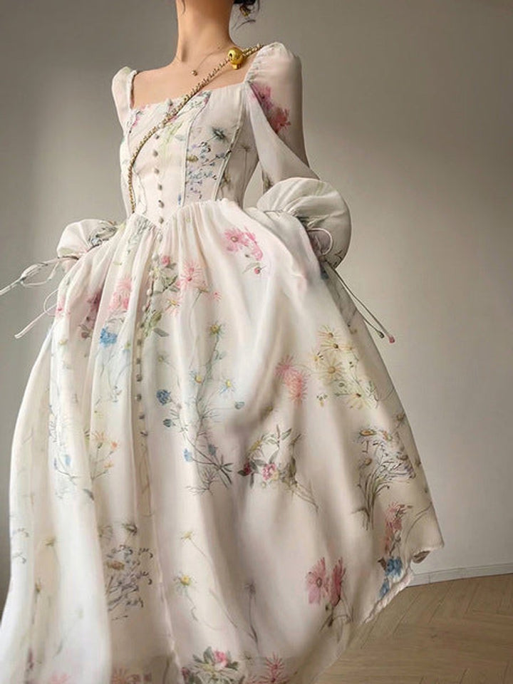 Women's Floral Chiffon Puff Sleeve Square Neck Fall Midi Dress