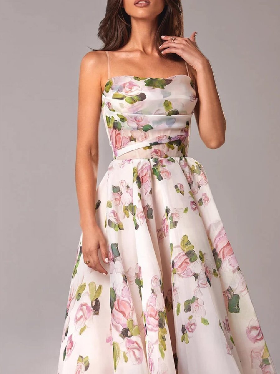 Women's Floral Chiffon Swing Fall Midi Dress Spaghetti Strap