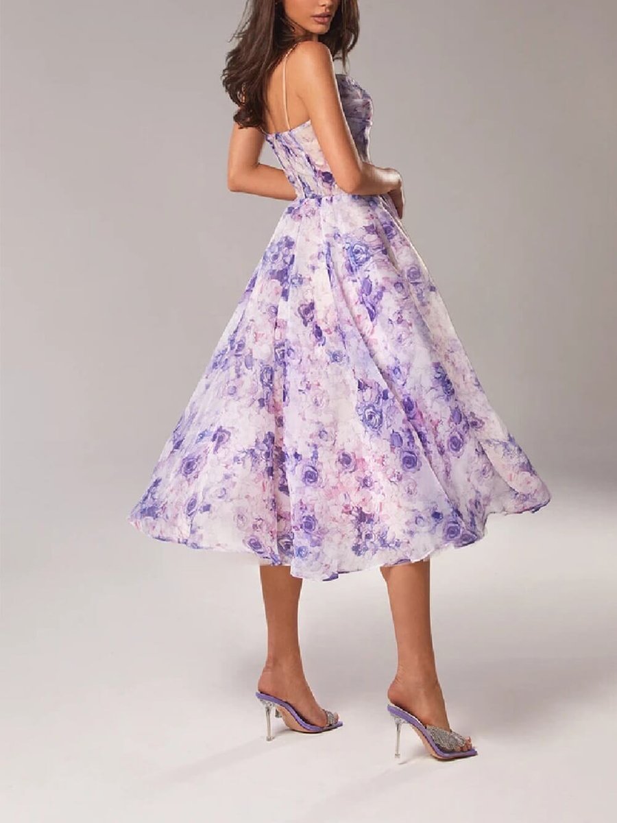 Women's Floral Chiffon Swing Fall Midi Dress Spaghetti Strap
