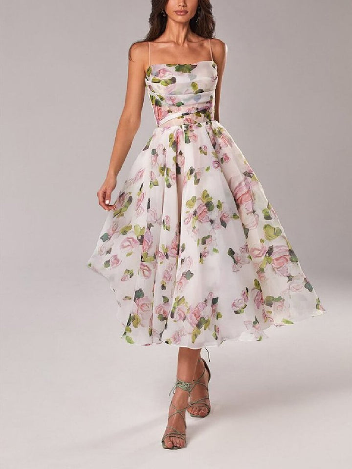 Women's Floral Chiffon Swing Fall Midi Dress Spaghetti Strap
