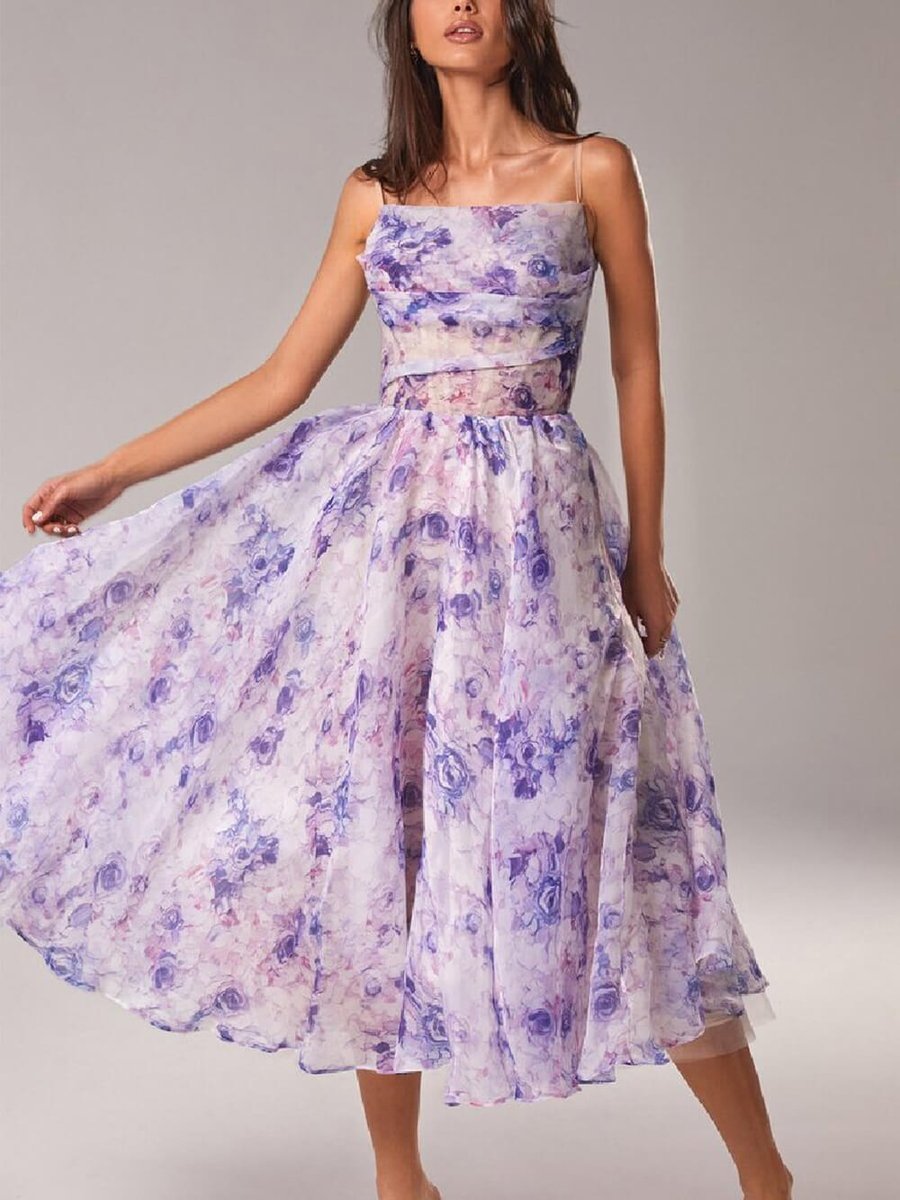 Women's Floral Chiffon Swing Fall Midi Dress Spaghetti Strap