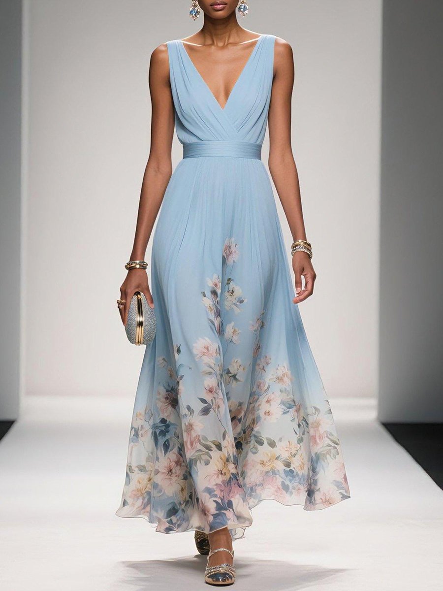 Women's Floral Chiffon V-Neck A-Line Fall Wedding Guest Dress