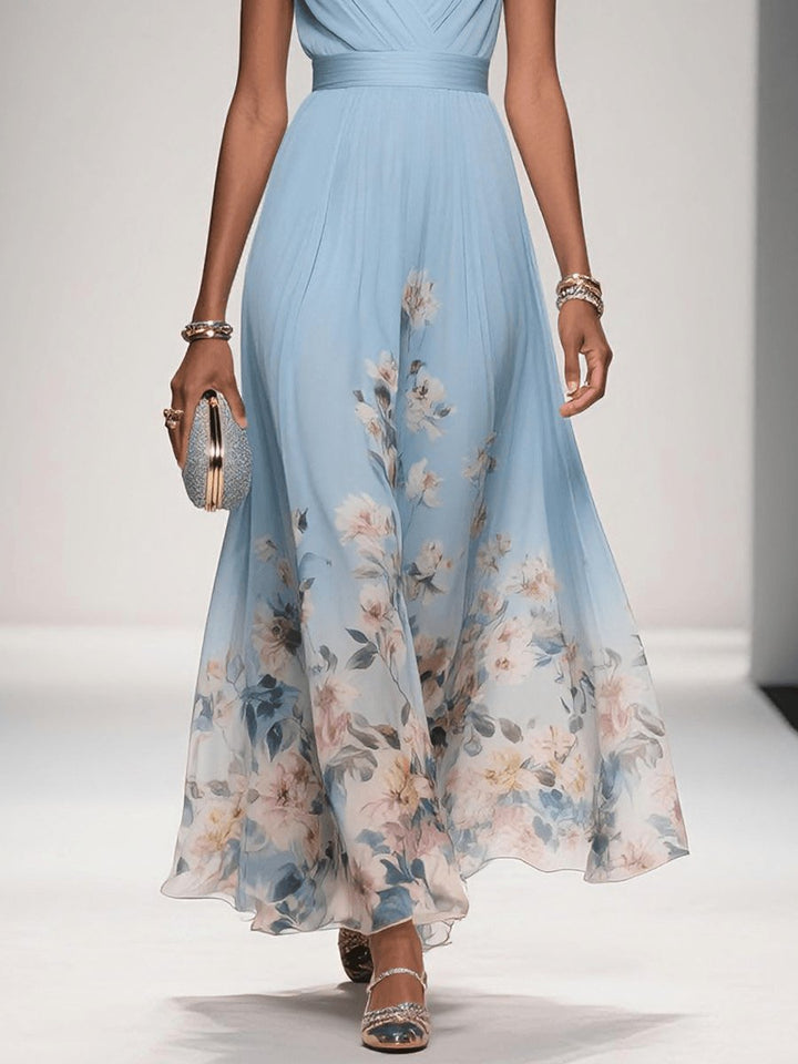 Women's Floral Chiffon V-Neck A-Line Fall Wedding Guest Dress