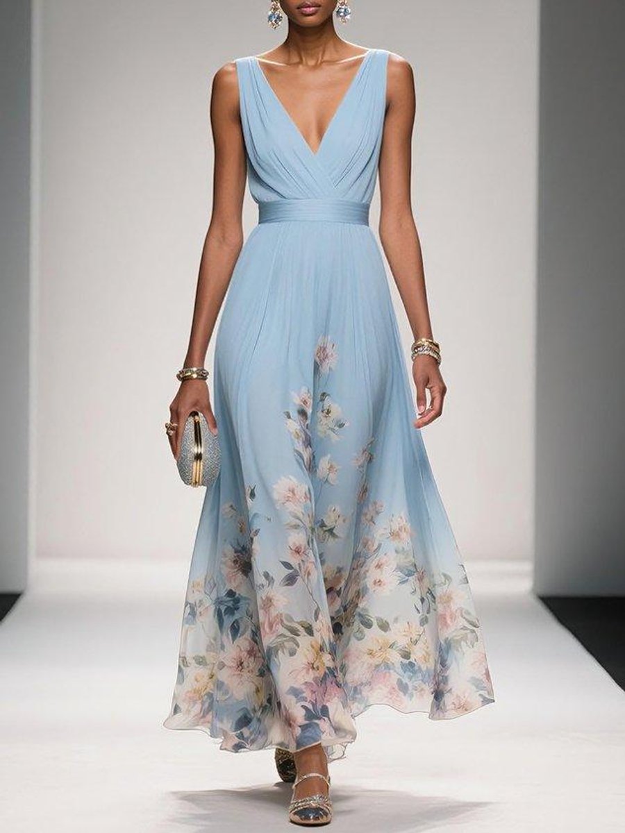 Women's Floral Chiffon V-Neck A-Line Fall Wedding Guest Dress
