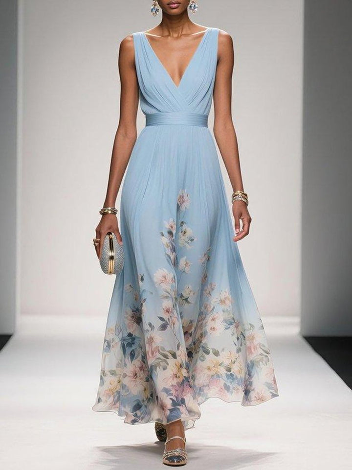 Women's Floral Chiffon V-Neck A-Line Fall Wedding Guest Dress