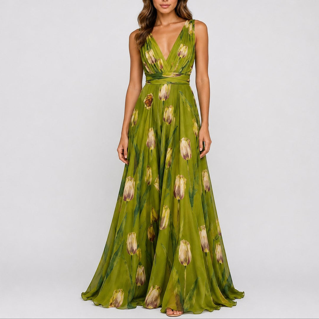 Women's Floral Chiffon V-Neck A-Line Fall Wedding Guest Dress