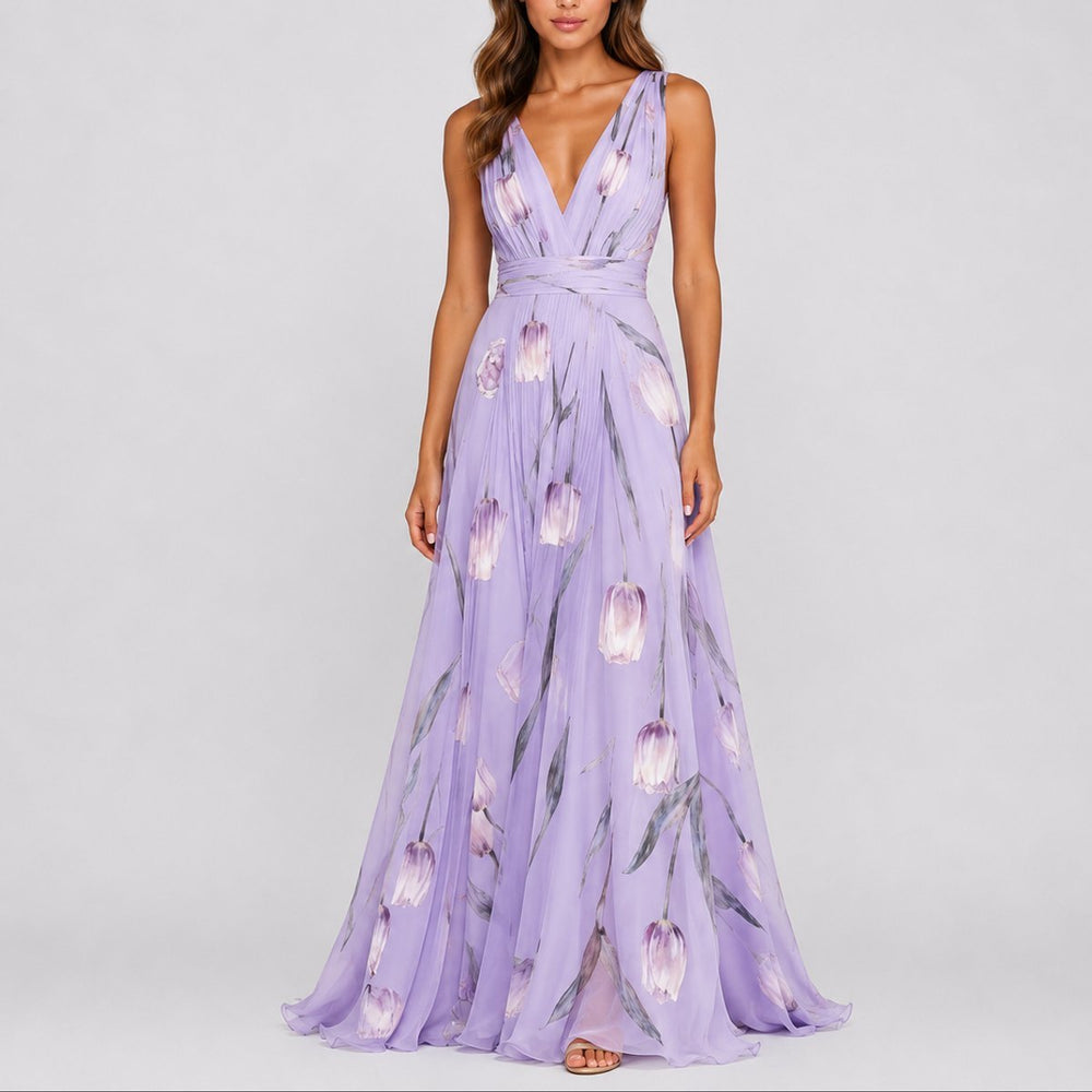 Women's Floral Chiffon V-Neck A-Line Fall Wedding Guest Dress