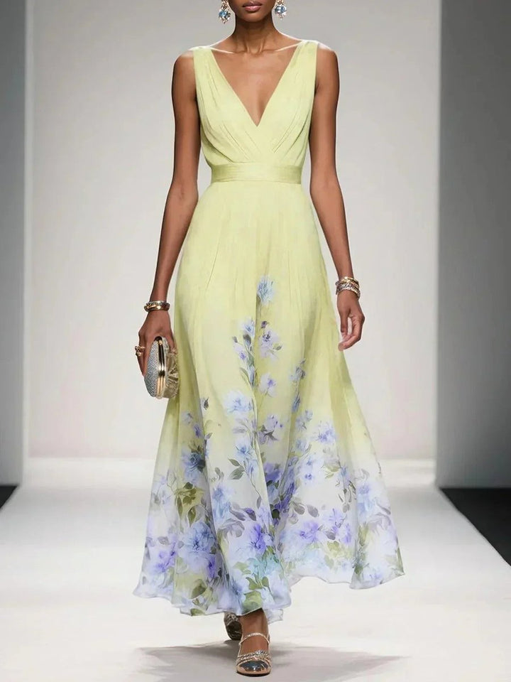 Women's Floral Chiffon V-Neck A-Line Fall Wedding Guest Dress