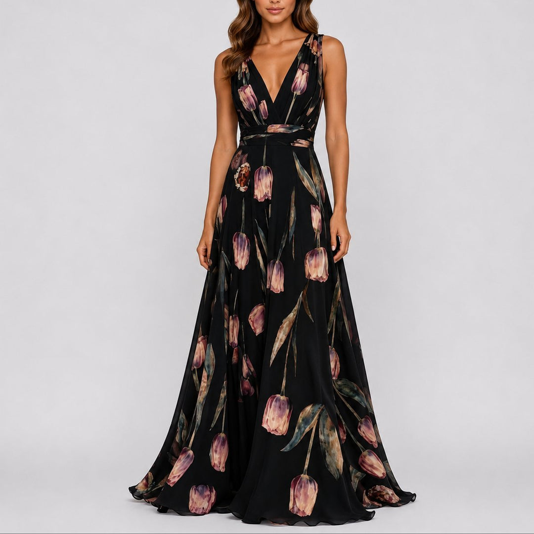 Women's Floral Chiffon V-Neck A-Line Fall Wedding Guest Dress