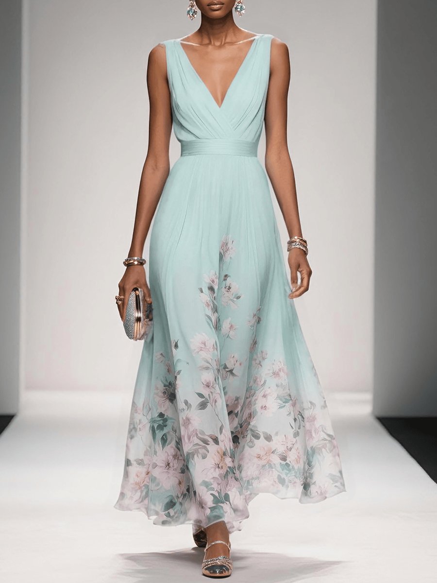 Women's Floral Chiffon V-Neck A-Line Fall Wedding Guest Dress