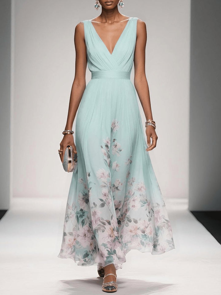 Women's Floral Chiffon V-Neck A-Line Fall Wedding Guest Dress