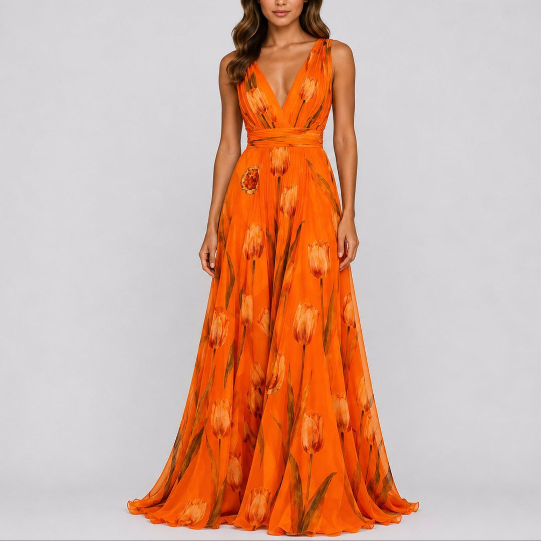 Women's Floral Chiffon V-Neck A-Line Fall Wedding Guest Dress