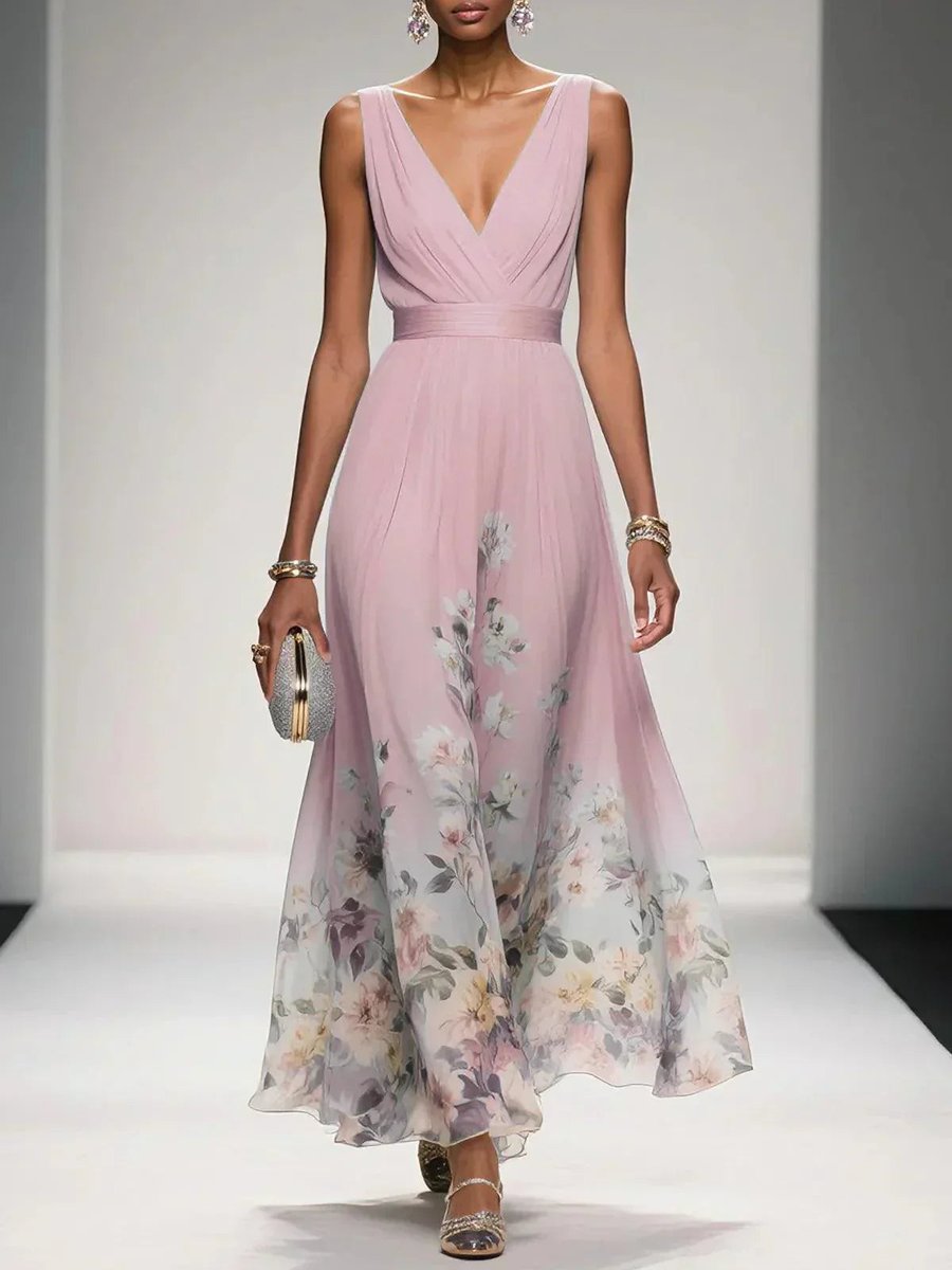 Women's Floral Chiffon V-Neck A-Line Fall Wedding Guest Dress