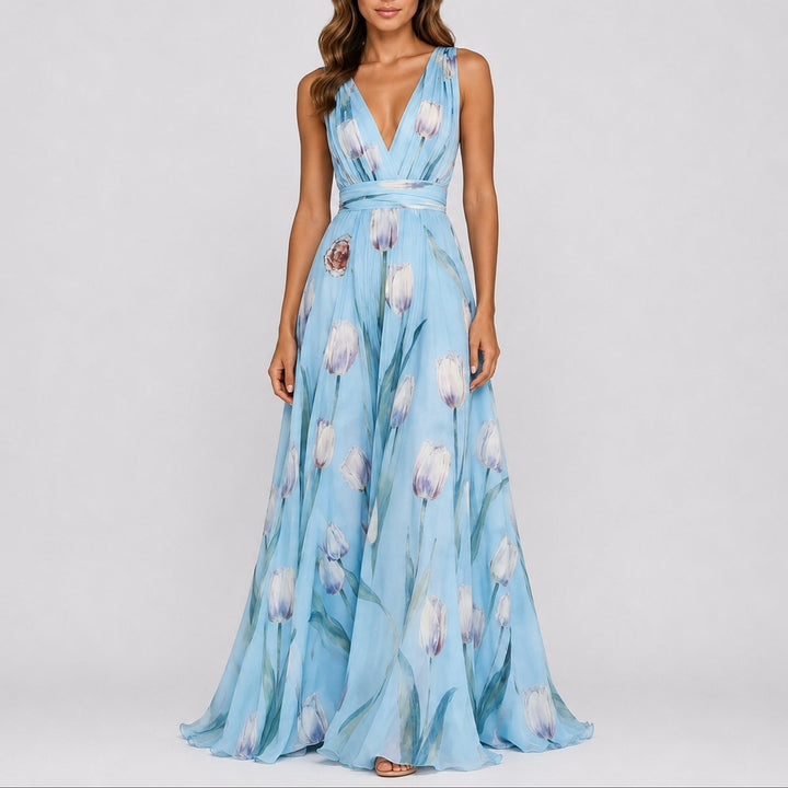 Women's Floral Chiffon V-Neck A-Line Fall Wedding Guest Dress