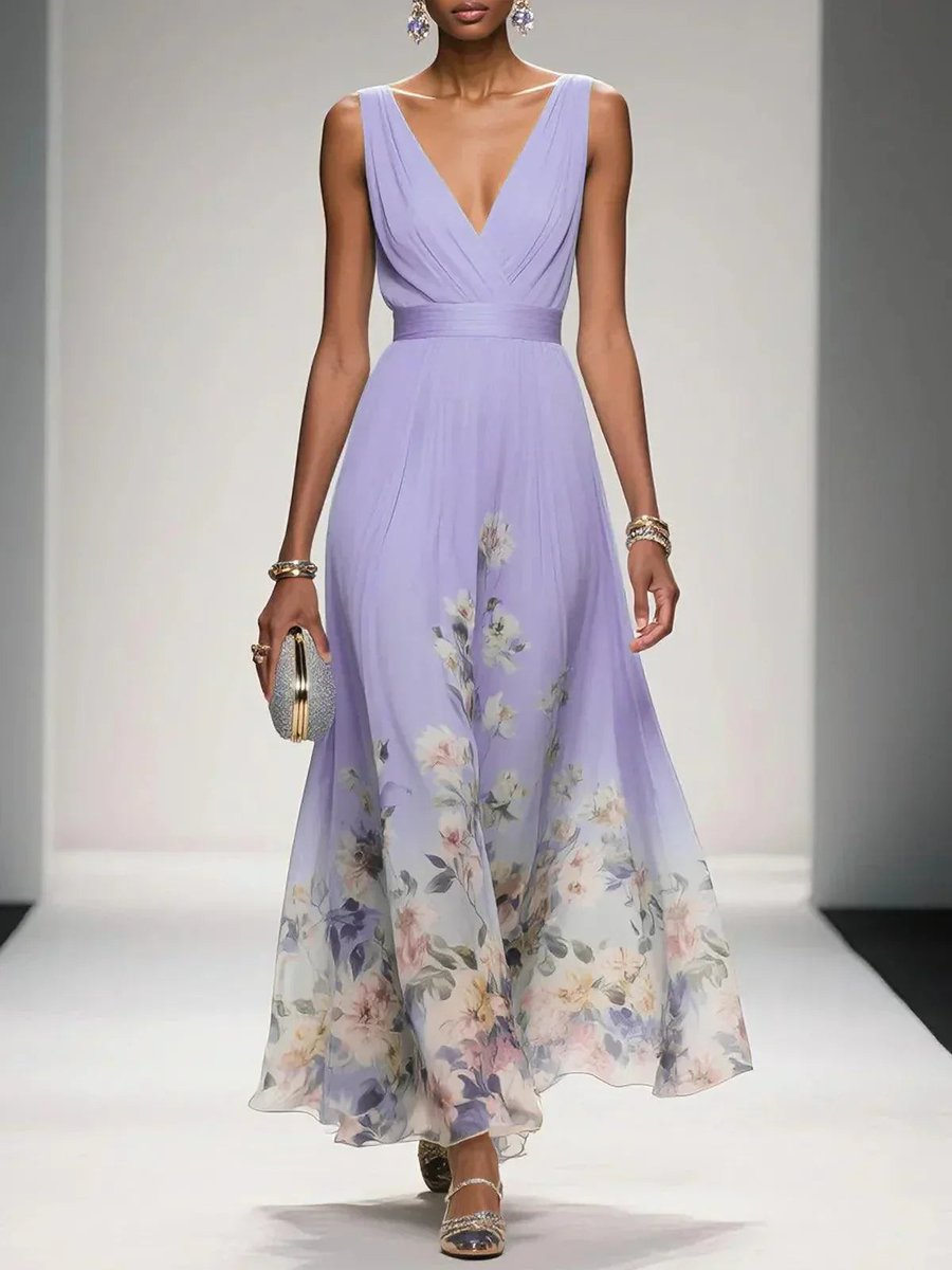 Women's Floral Chiffon V-Neck A-Line Fall Wedding Guest Dress