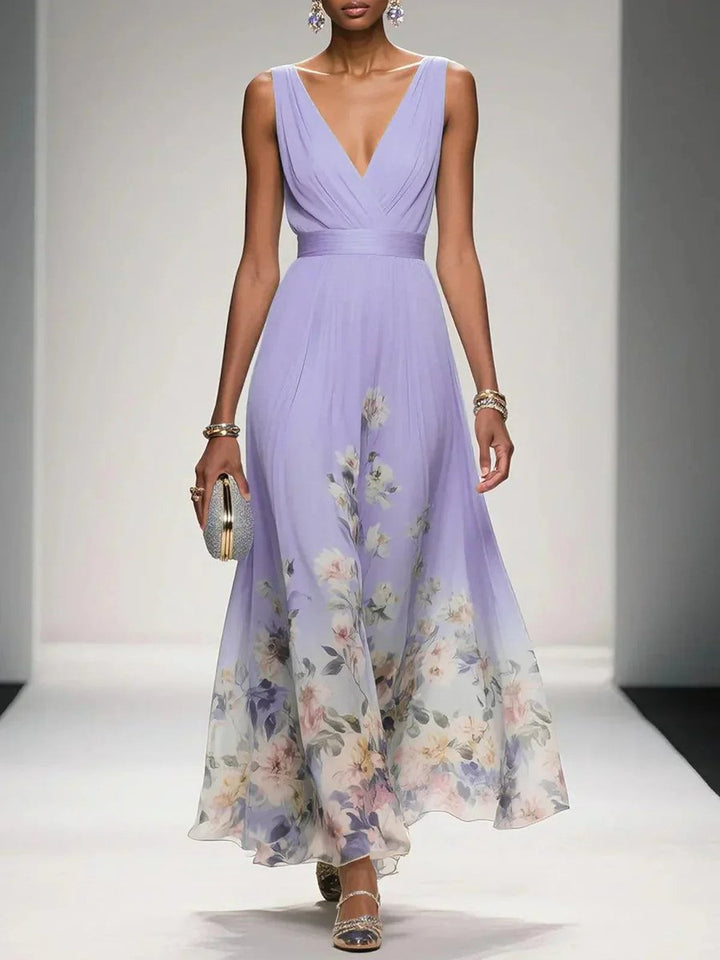 Women's Floral Chiffon V-Neck A-Line Fall Wedding Guest Dress