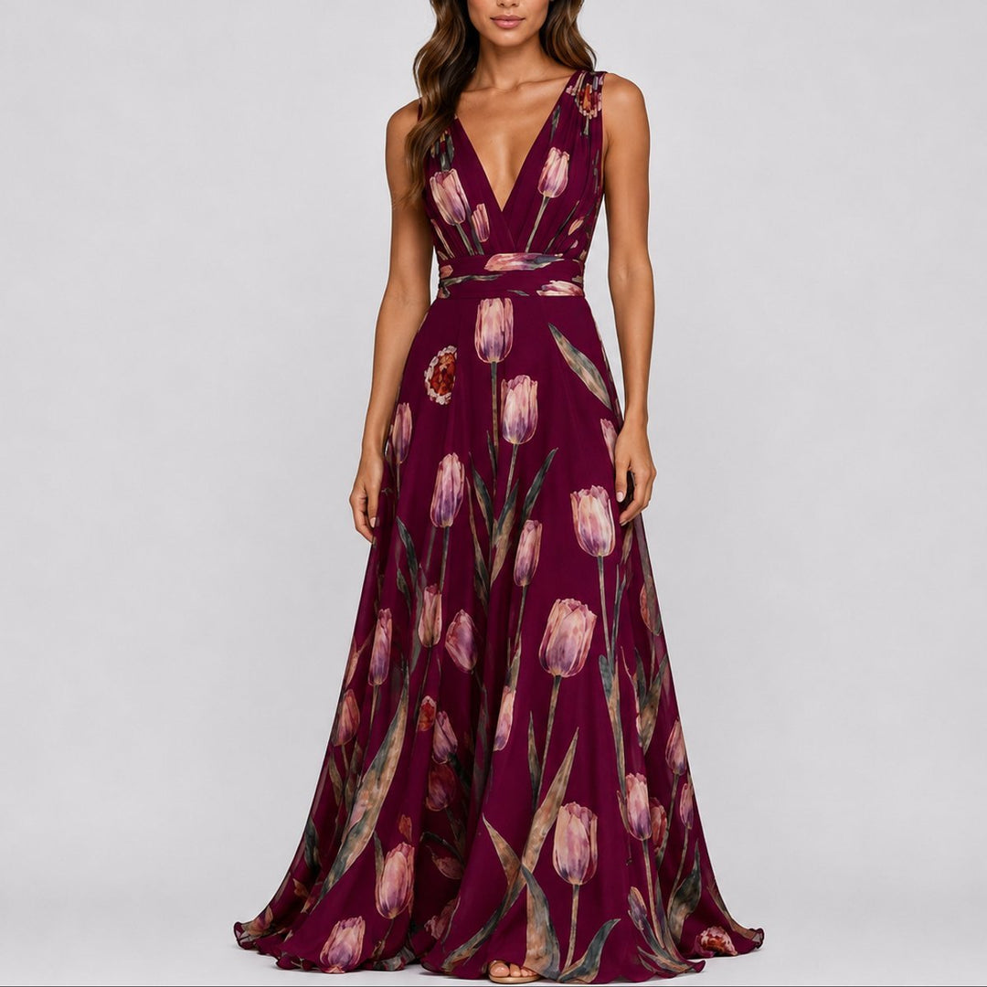 Women's Floral Chiffon V-Neck A-Line Fall Wedding Guest Dress