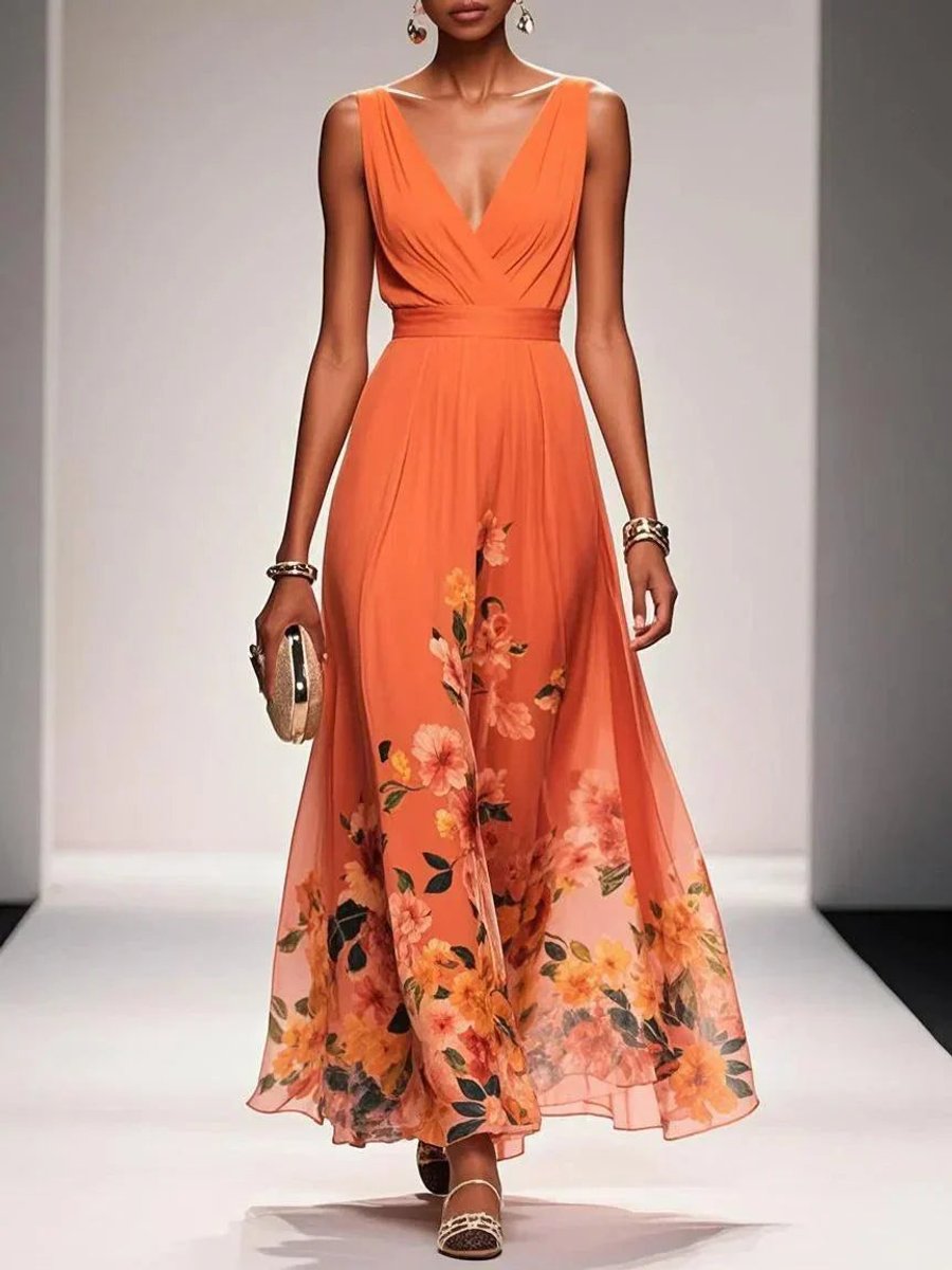 Women's Floral Chiffon V-Neck A-Line Fall Wedding Guest Dress