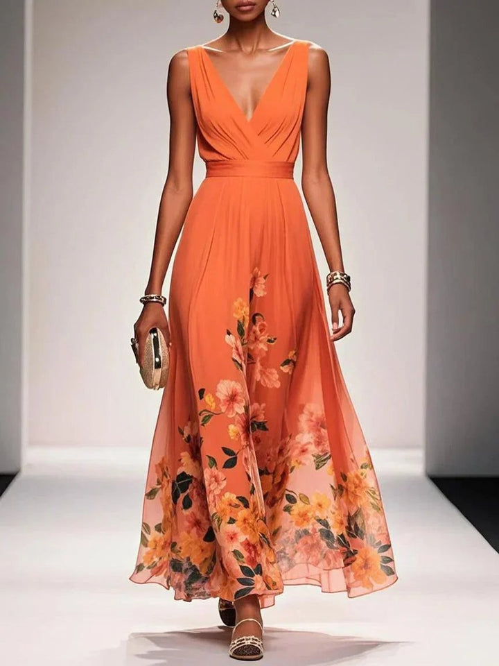 Women's Floral Chiffon V-Neck A-Line Fall Wedding Guest Dress