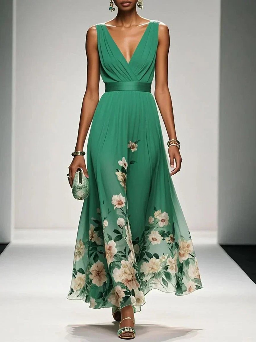 Women's Floral Chiffon V-Neck A-Line Fall Wedding Guest Dress