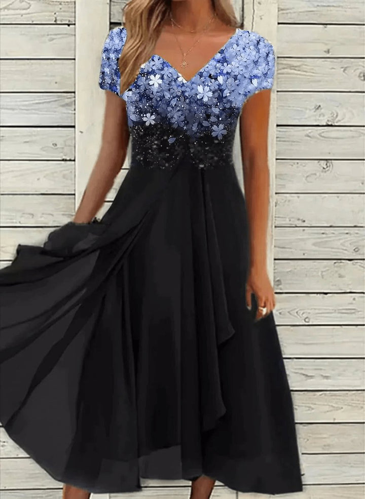 Women's Floral Chiffon V-Neck Fall Midi Dress