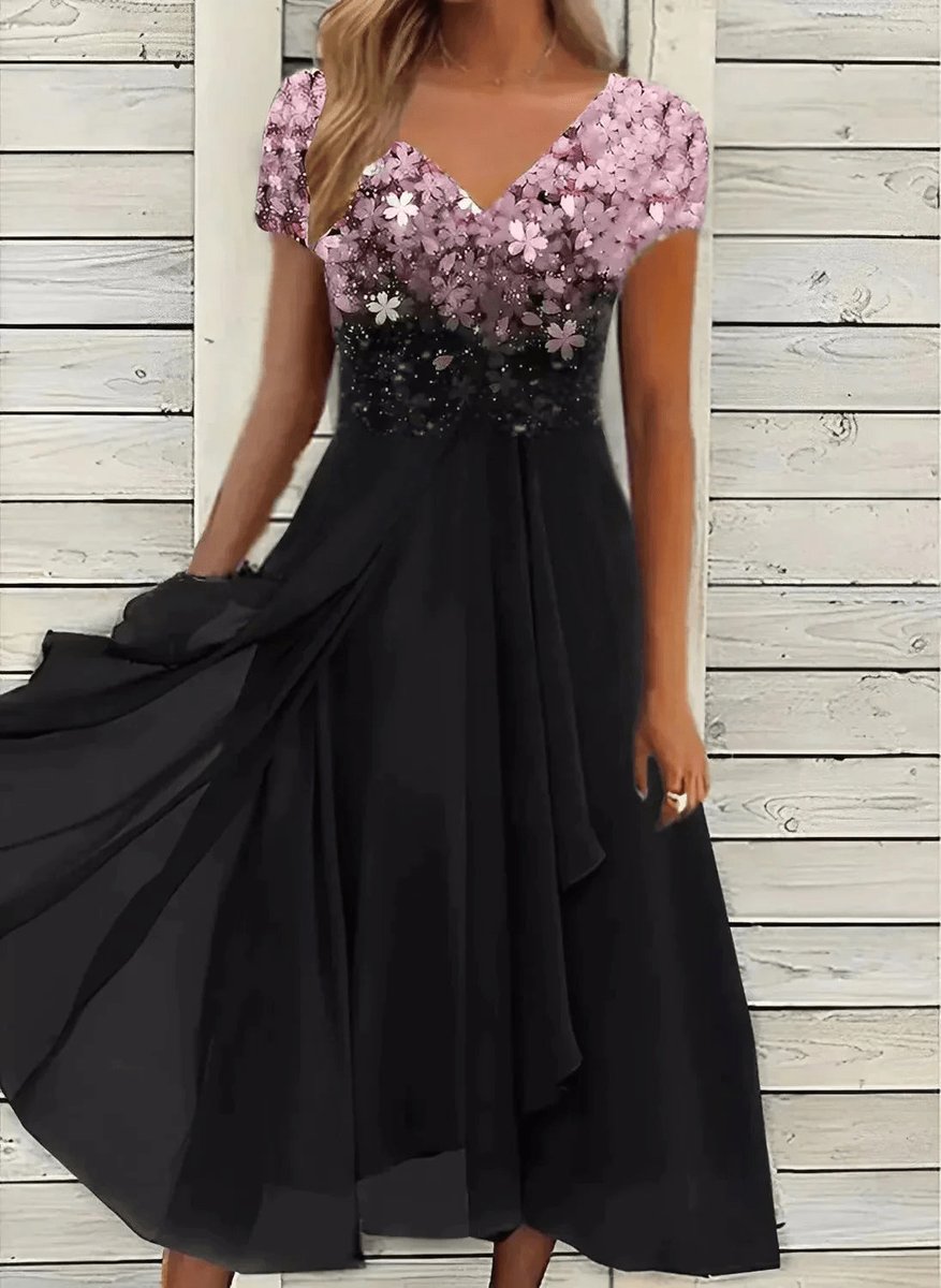 Women's Floral Chiffon V-Neck Fall Midi Dress