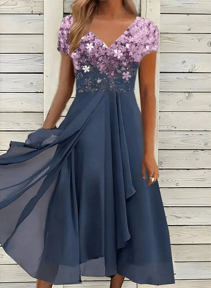 Women's Floral Chiffon V-Neck Fall Midi Dress