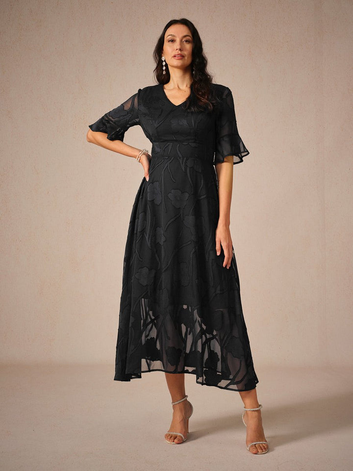 Women's Floral Chiffon V-Neck Fall Wedding Guest Dress Flutter Sleeve Midi