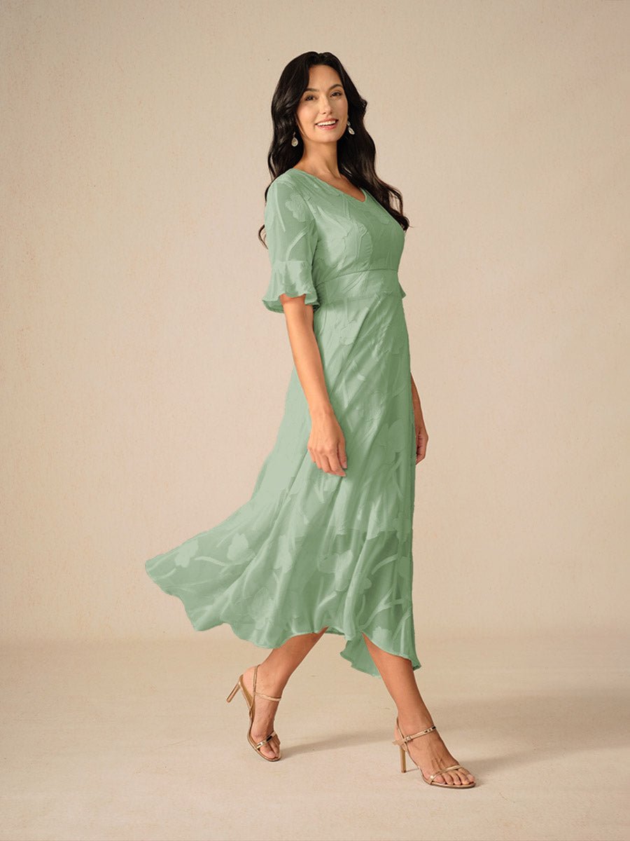 Women's Floral Chiffon V-Neck Fall Wedding Guest Dress Flutter Sleeve Midi