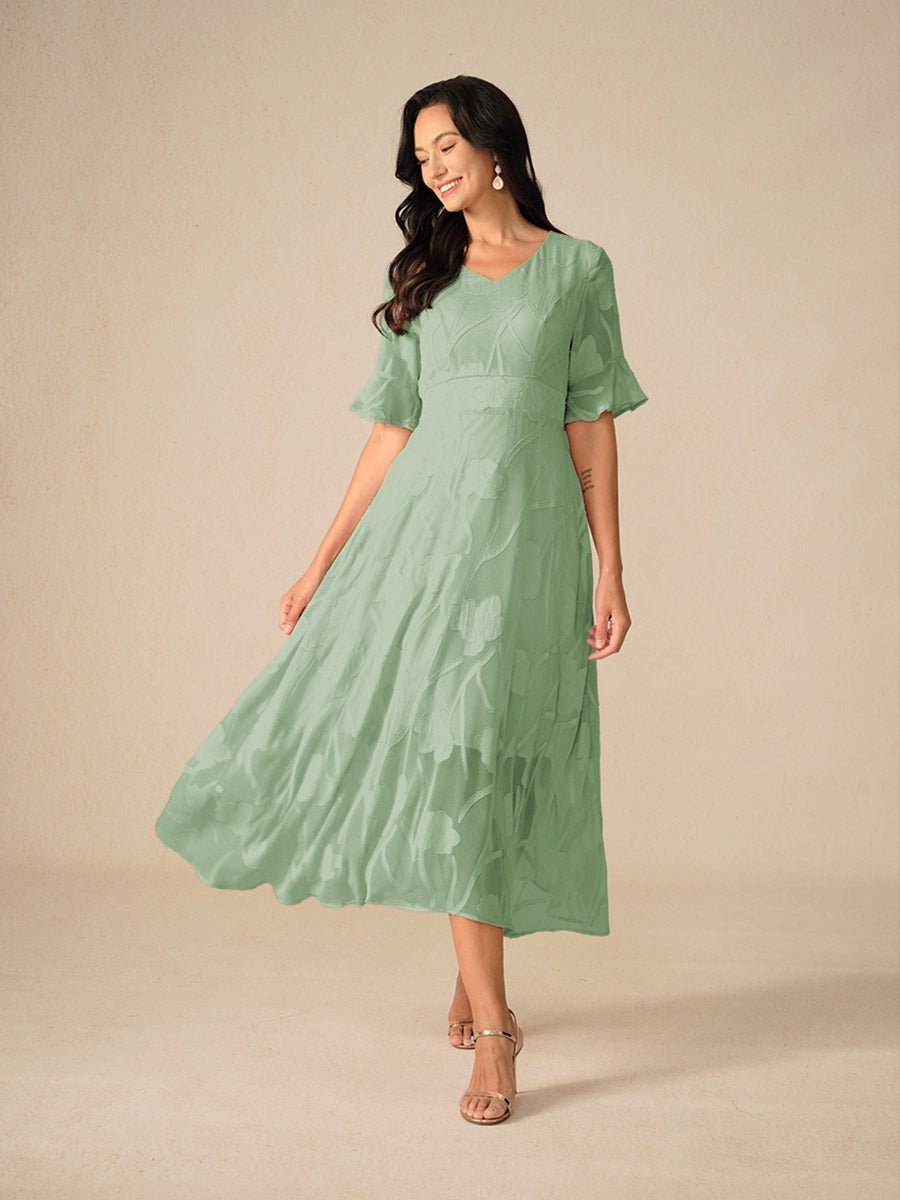 Women's Floral Chiffon V-Neck Fall Wedding Guest Dress Flutter Sleeve Midi