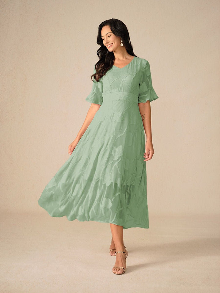 Women's Floral Chiffon V-Neck Fall Wedding Guest Dress Flutter Sleeve Midi