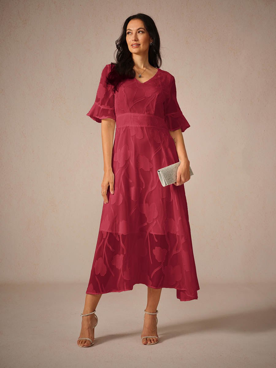 Women's Floral Chiffon V-Neck Fall Wedding Guest Dress Flutter Sleeve Midi