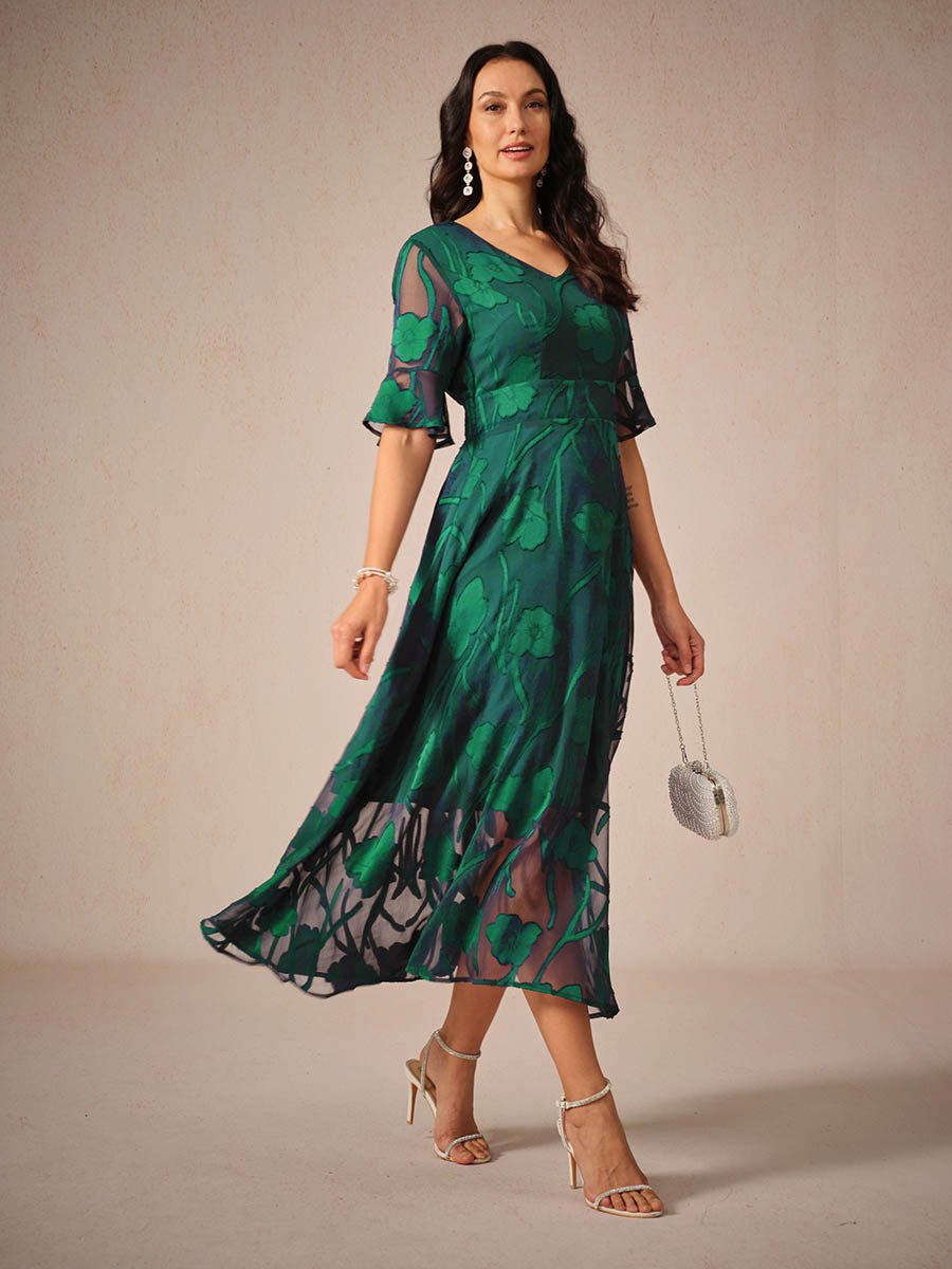 Women's Floral Chiffon V-Neck Fall Wedding Guest Dress Flutter Sleeve Midi
