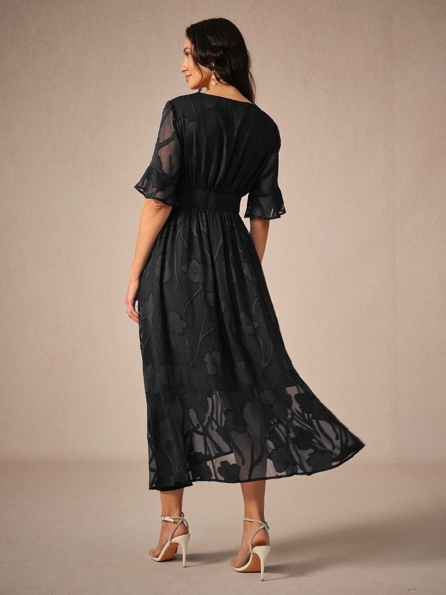 Women's Floral Chiffon V-Neck Fall Wedding Guest Dress Flutter Sleeve Midi