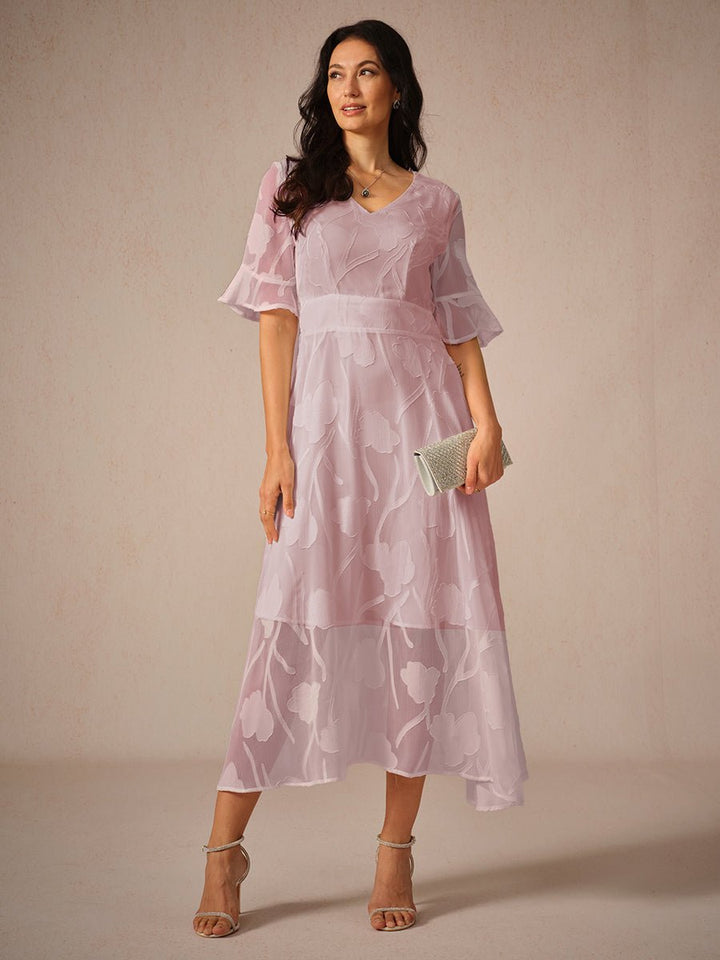 Women's Floral Chiffon V-Neck Fall Wedding Guest Dress Flutter Sleeve Midi