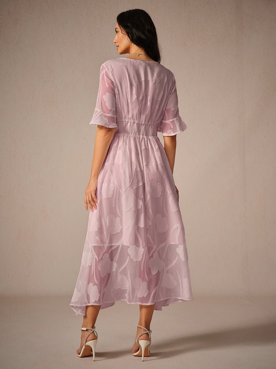 Women's Floral Chiffon V-Neck Fall Wedding Guest Dress Flutter Sleeve Midi