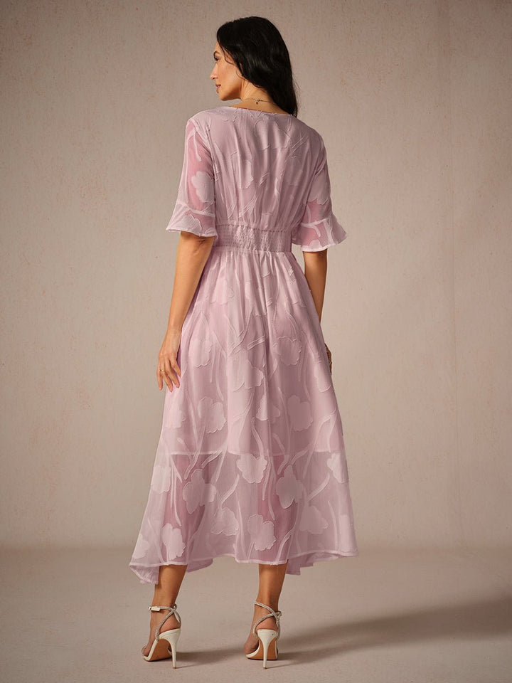 Women's Floral Chiffon V-Neck Fall Wedding Guest Dress Flutter Sleeve Midi