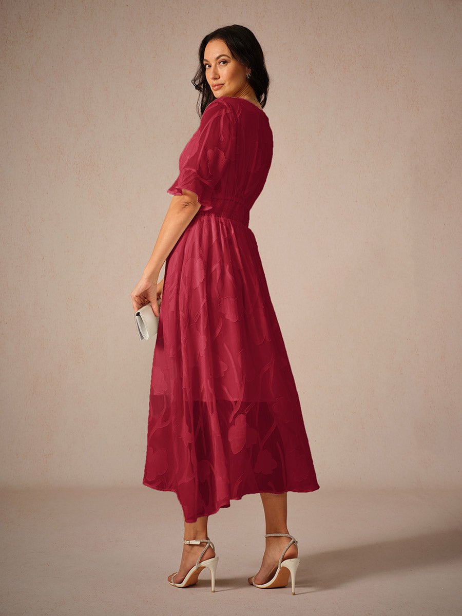 Women's Floral Chiffon V-Neck Fall Wedding Guest Dress Flutter Sleeve Midi