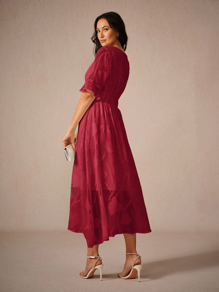 Women's Floral Chiffon V-Neck Fall Wedding Guest Dress Flutter Sleeve Midi