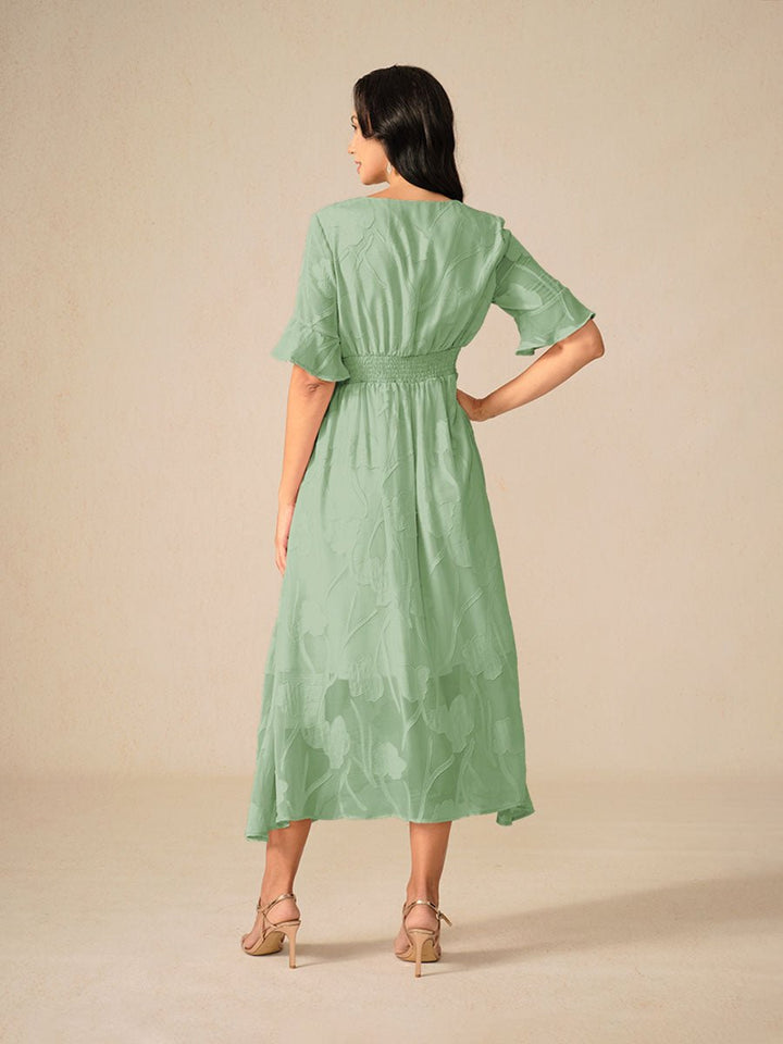 Women's Floral Chiffon V-Neck Fall Wedding Guest Dress Flutter Sleeve Midi