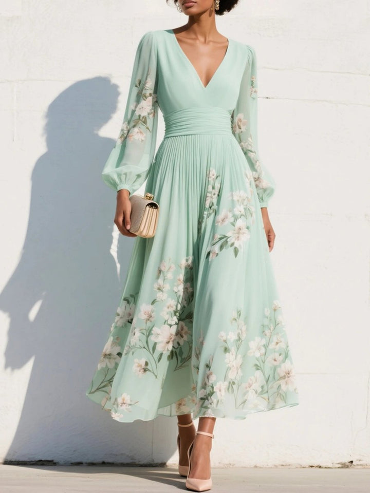 Women's Floral Chiffon V-Neck Long Sleeve Fall Dress Balloon-Sleeve Midi - Light Green