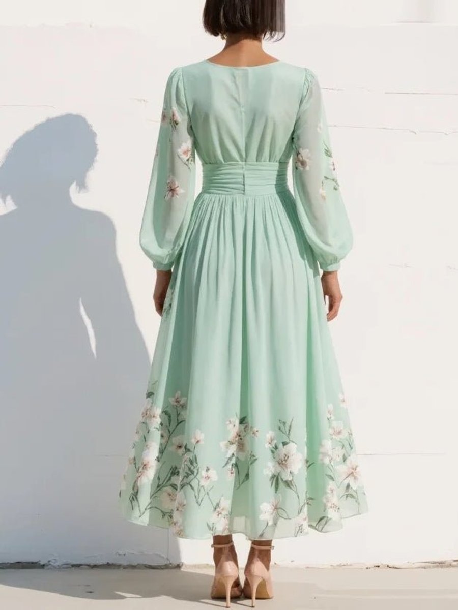 Women's Floral Chiffon V-Neck Long Sleeve Fall Dress Balloon-Sleeve Midi
