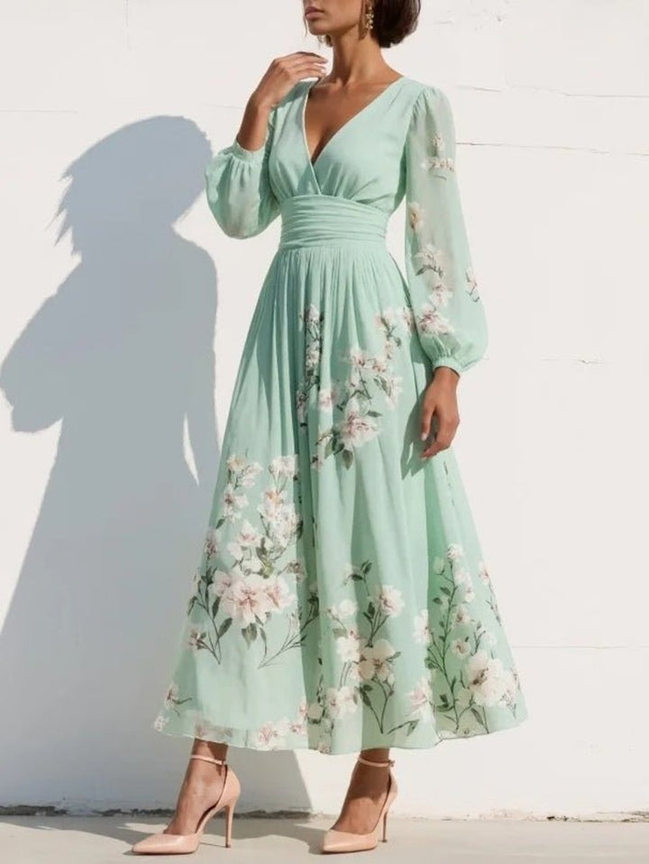 Women's Floral Chiffon V-Neck Long Sleeve Fall Dress Balloon-Sleeve Midi