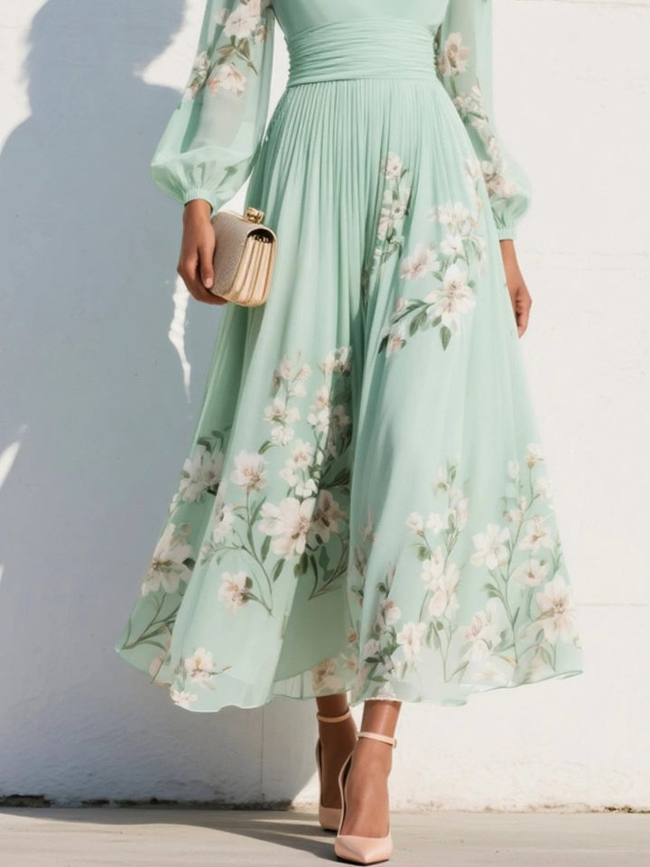 Women's Floral Chiffon V-Neck Long Sleeve Fall Dress Balloon-Sleeve Midi