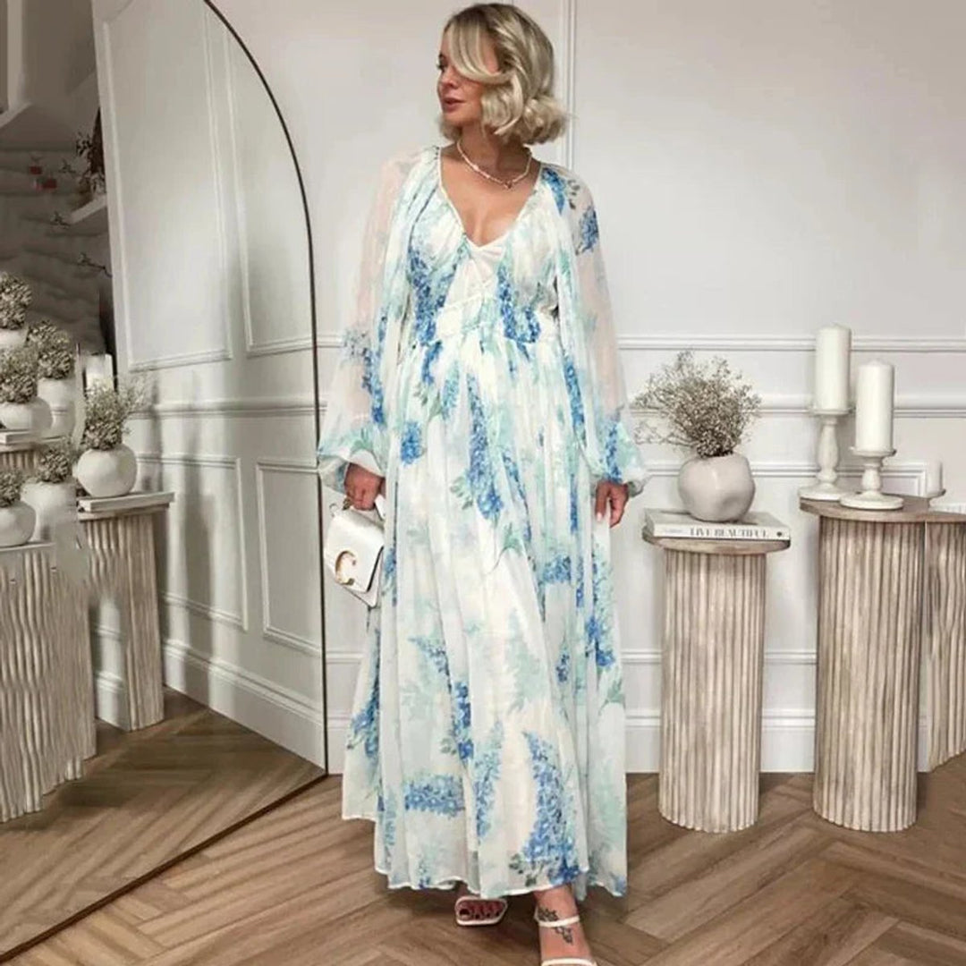 Women's Floral Chiffon V-Neck Maxi Formal Dress Long Sleeve